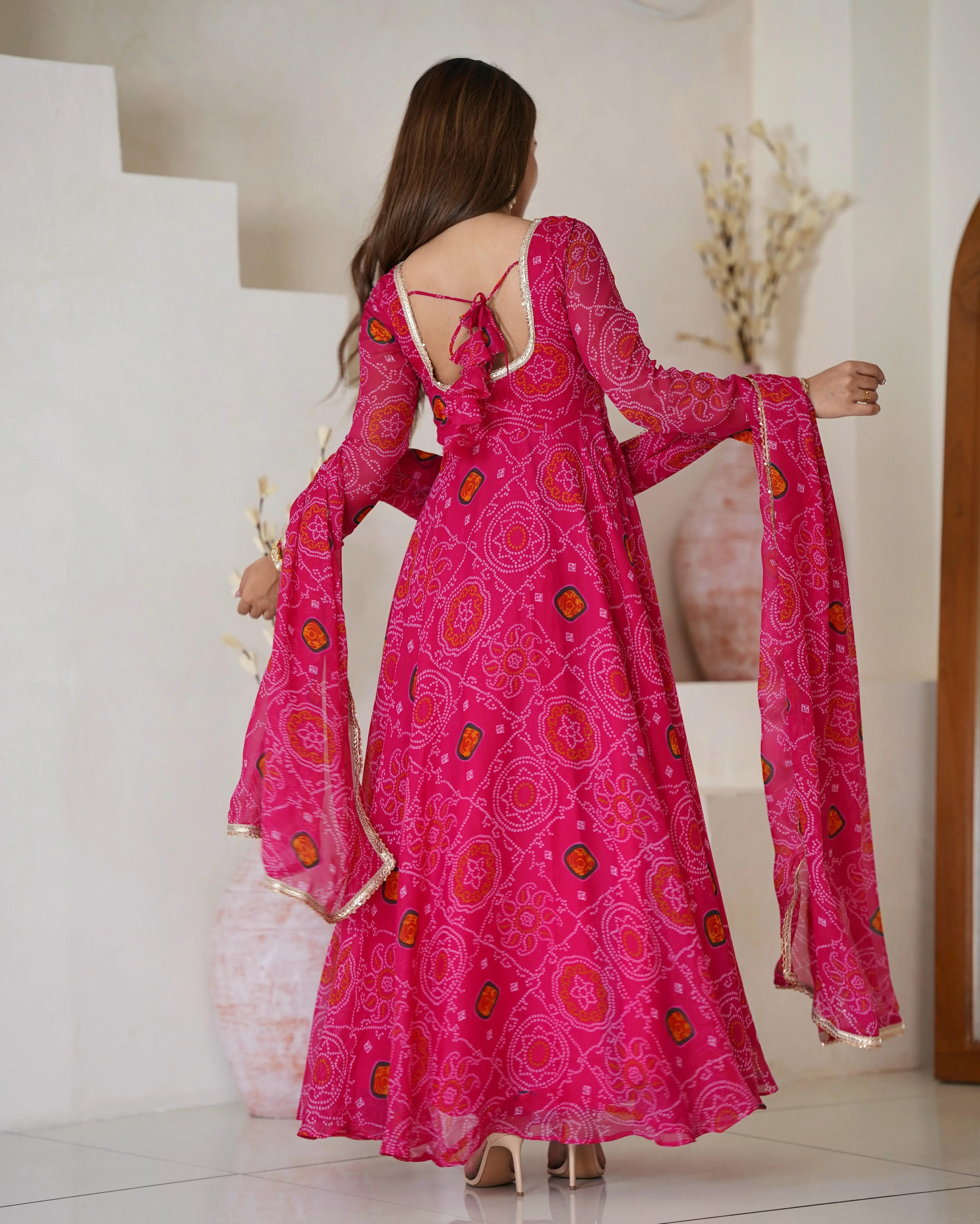Pink Chiffon Bandhej Printed Anarkali Salwar Suit