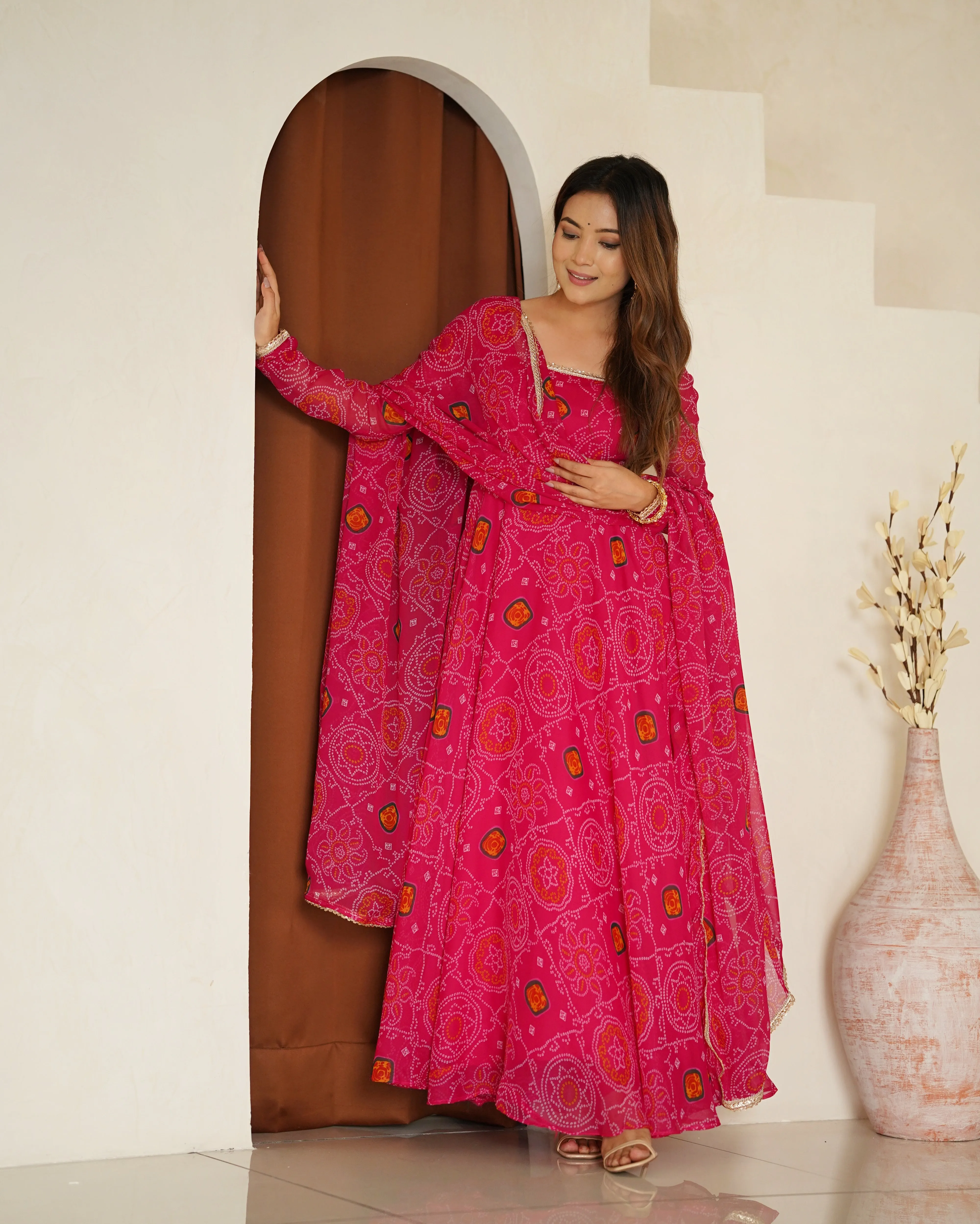 Pink Chiffon Bandhej Printed Anarkali Salwar Suit