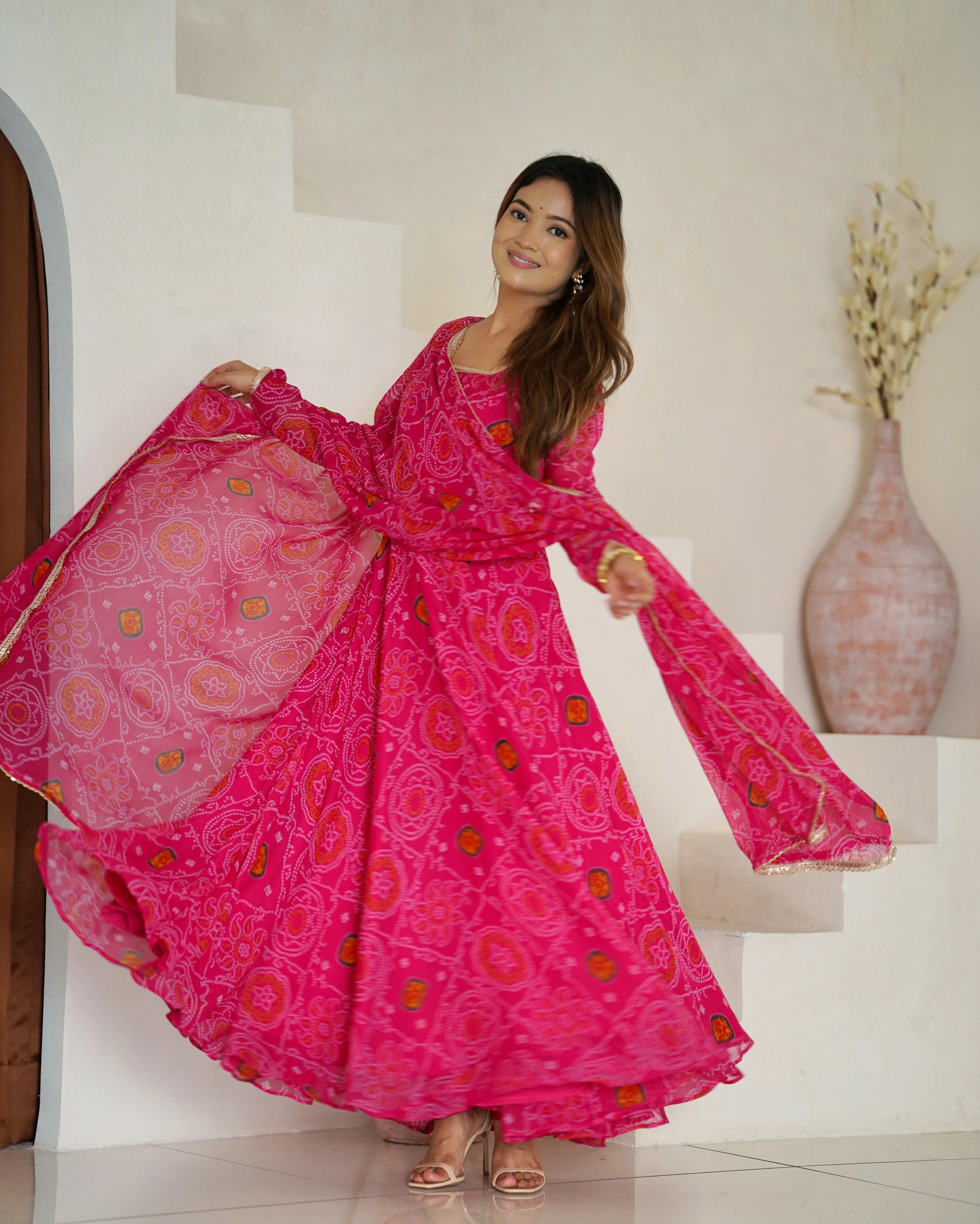 Pink Chiffon Bandhej Printed Anarkali Salwar Suit