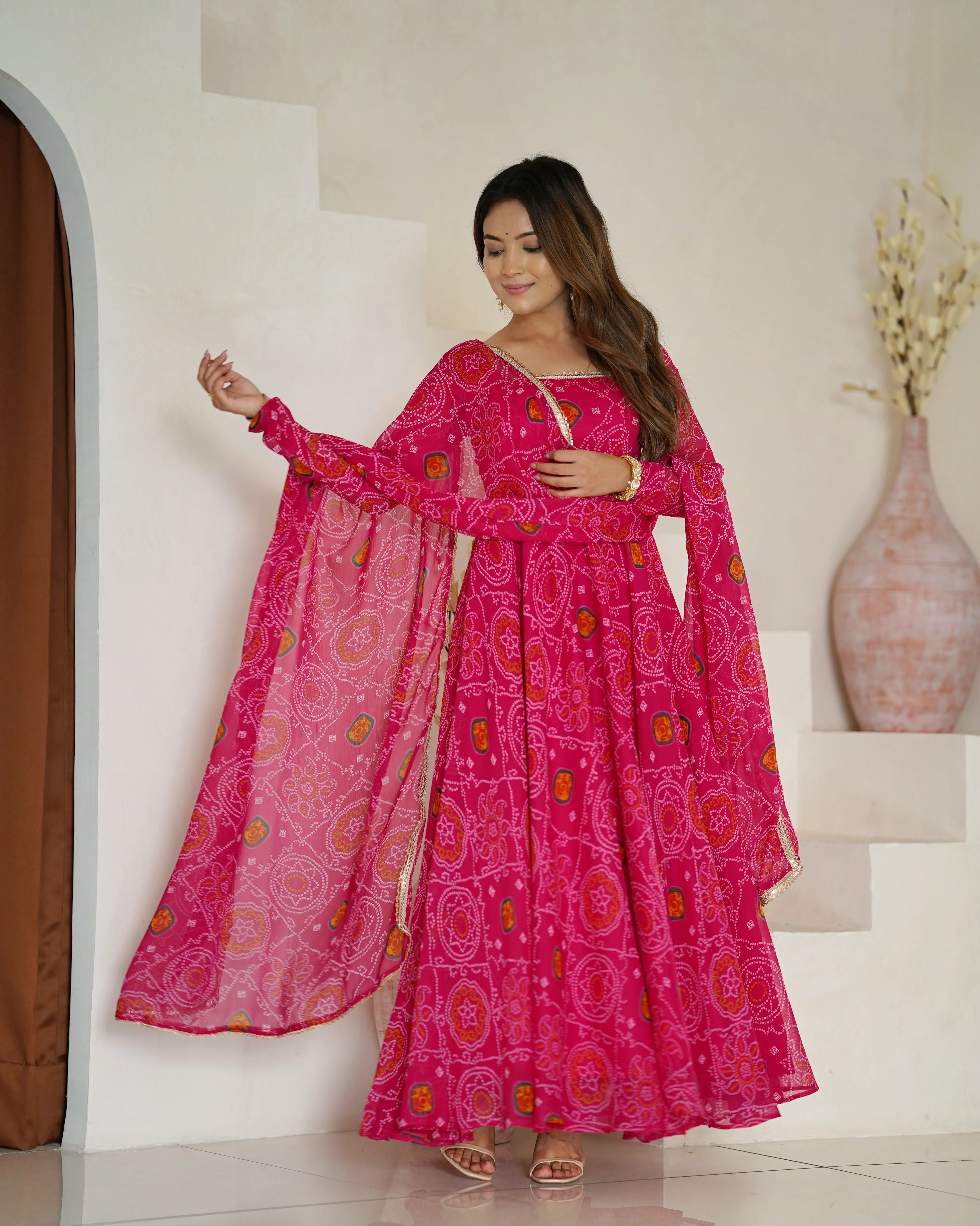 Pink Chiffon Bandhej Printed Anarkali Salwar Suit