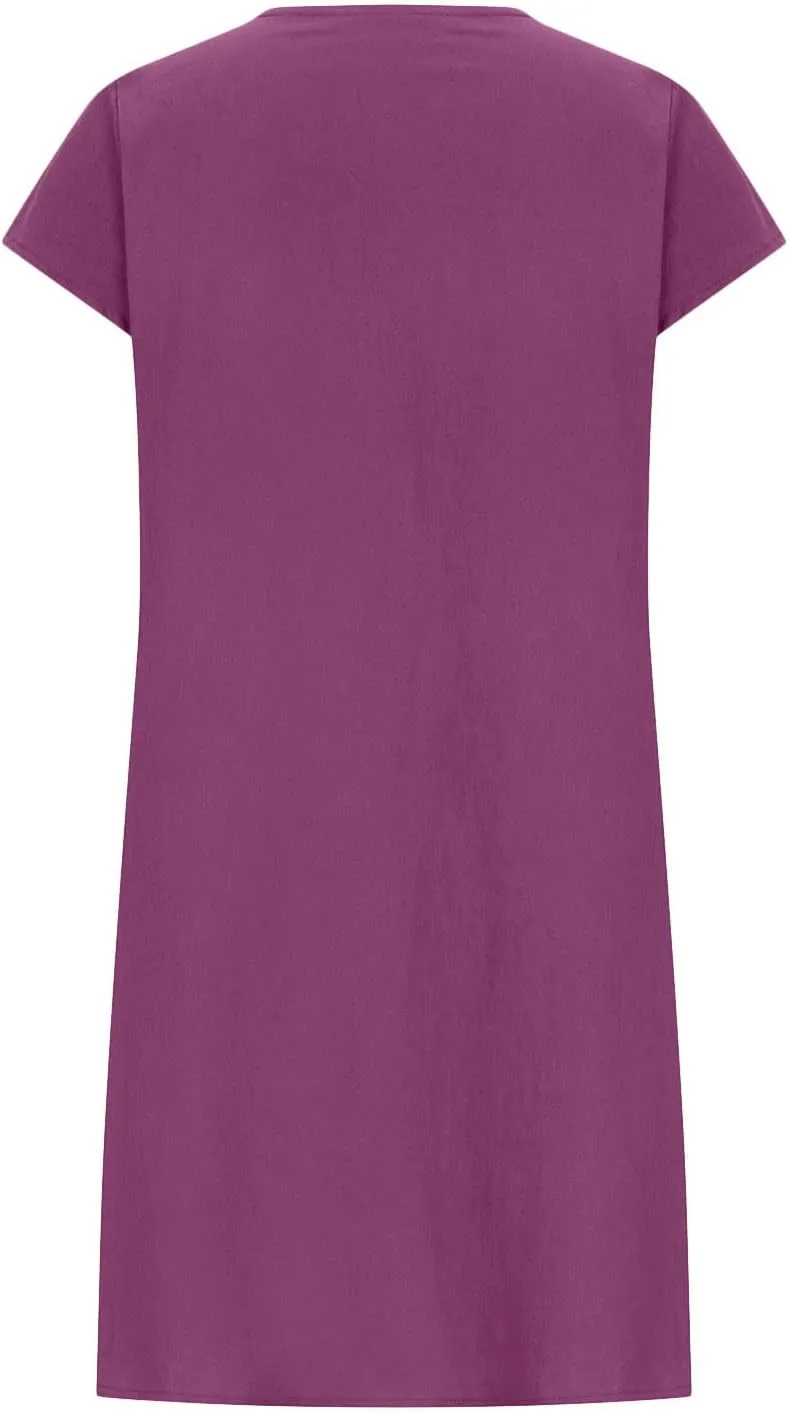 Pleated Cotton Linen Dresses for Women 2024 Knee Length Dress Plus Size Short Sleeve Shift Sundress Casual Beachwear