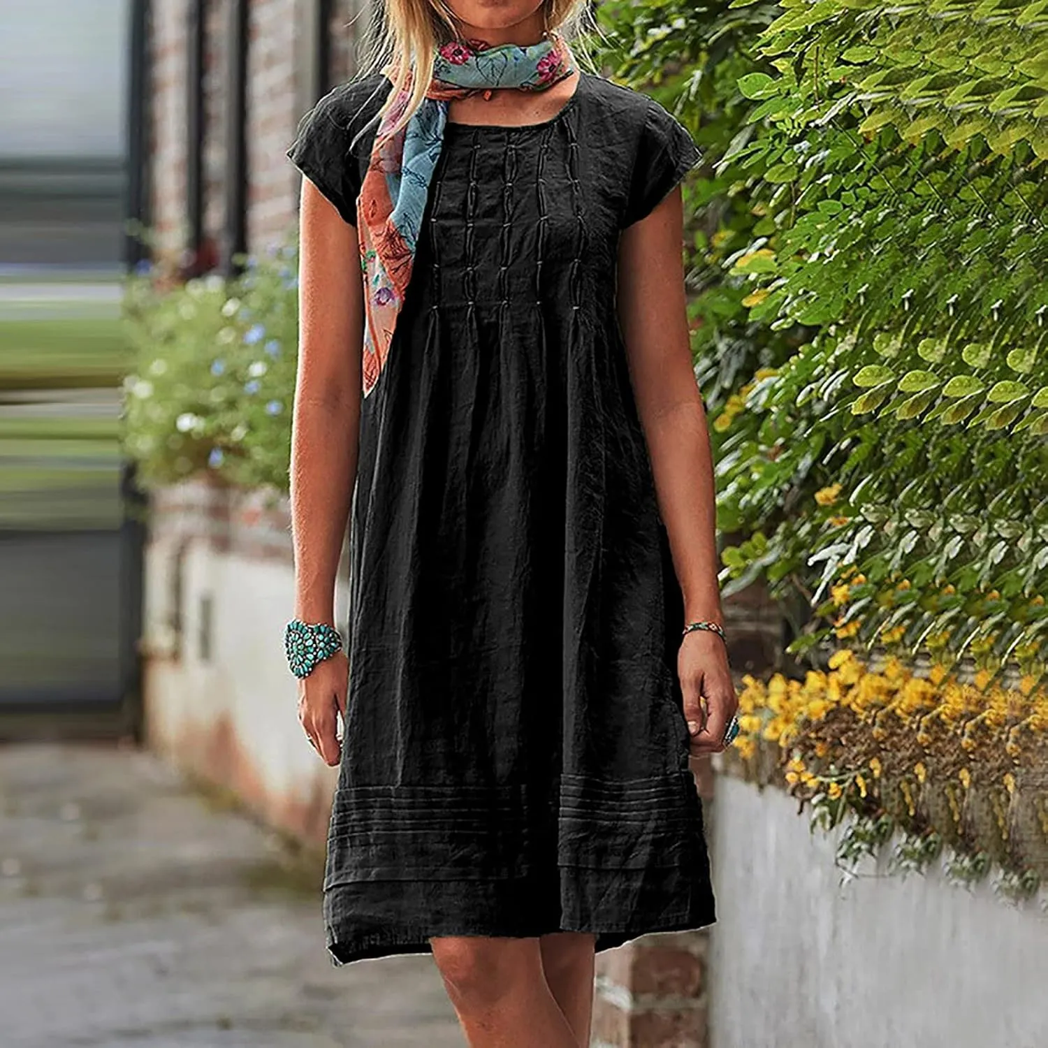 Pleated Cotton Linen Dresses for Women 2024 Knee Length Dress Plus Size Short Sleeve Shift Sundress Casual Beachwear