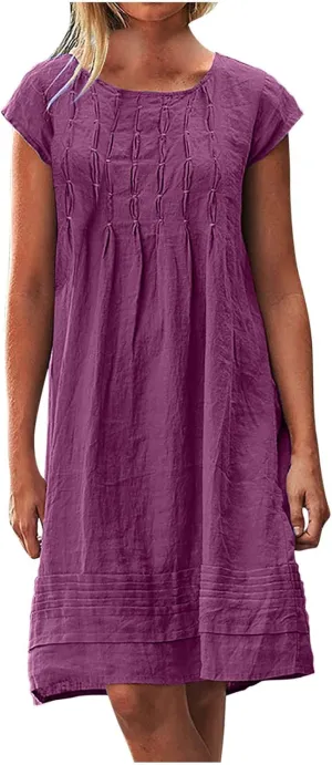 Pleated Cotton Linen Dresses for Women 2024 Knee Length Dress Plus Size Short Sleeve Shift Sundress Casual Beachwear