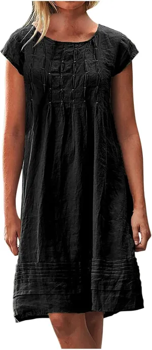 Pleated Cotton Linen Dresses for Women 2024 Knee Length Dress Plus Size Short Sleeve Shift Sundress Casual Beachwear