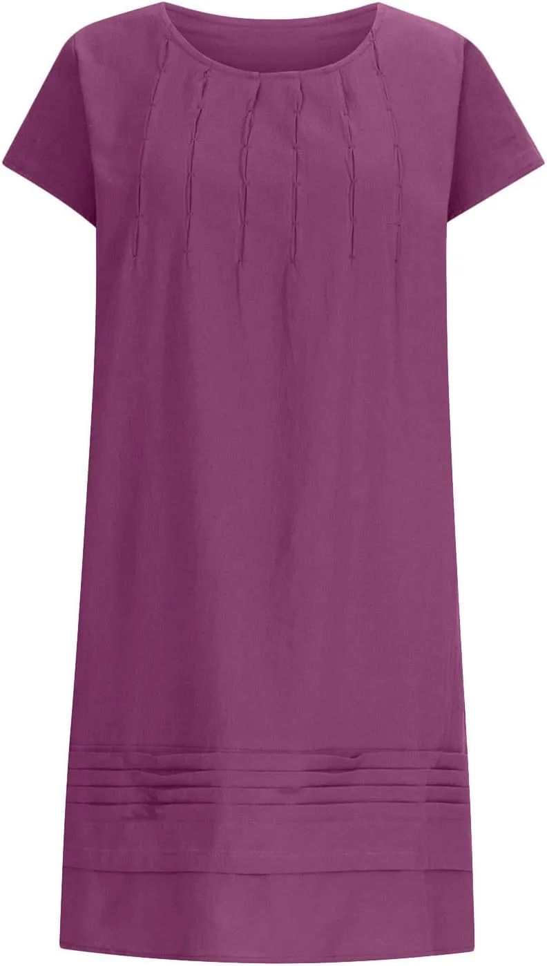 Pleated Cotton Linen Dresses for Women 2024 Knee Length Dress Plus Size Short Sleeve Shift Sundress Casual Beachwear