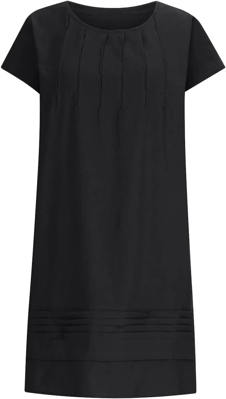Pleated Cotton Linen Dresses for Women 2024 Knee Length Dress Plus Size Short Sleeve Shift Sundress Casual Beachwear