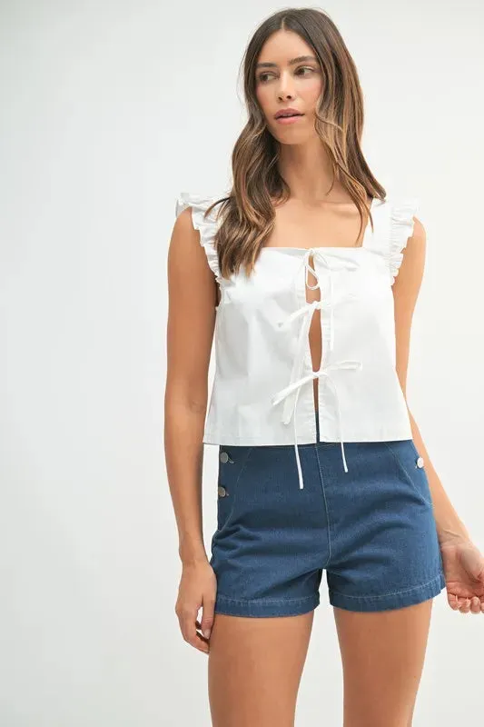 Poplin Ruffle Strap Front Self Tie Top