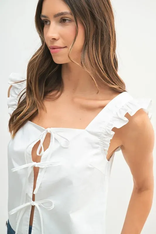 Poplin Ruffle Strap Front Self Tie Top