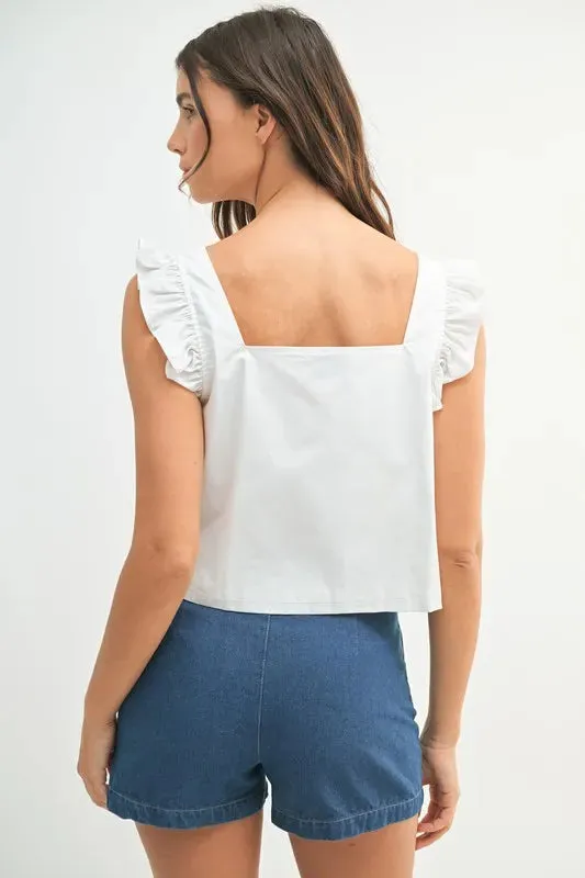 Poplin Ruffle Strap Front Self Tie Top