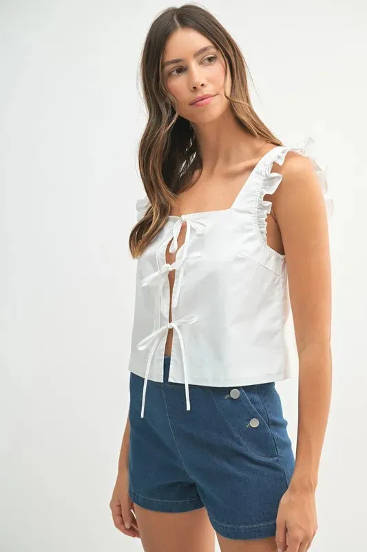 Poplin Ruffle Strap Front Self Tie Top