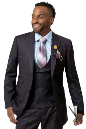 "EJ Samuel Vested Navy & Red Windowpane Plaid Mens Fashion Suit"