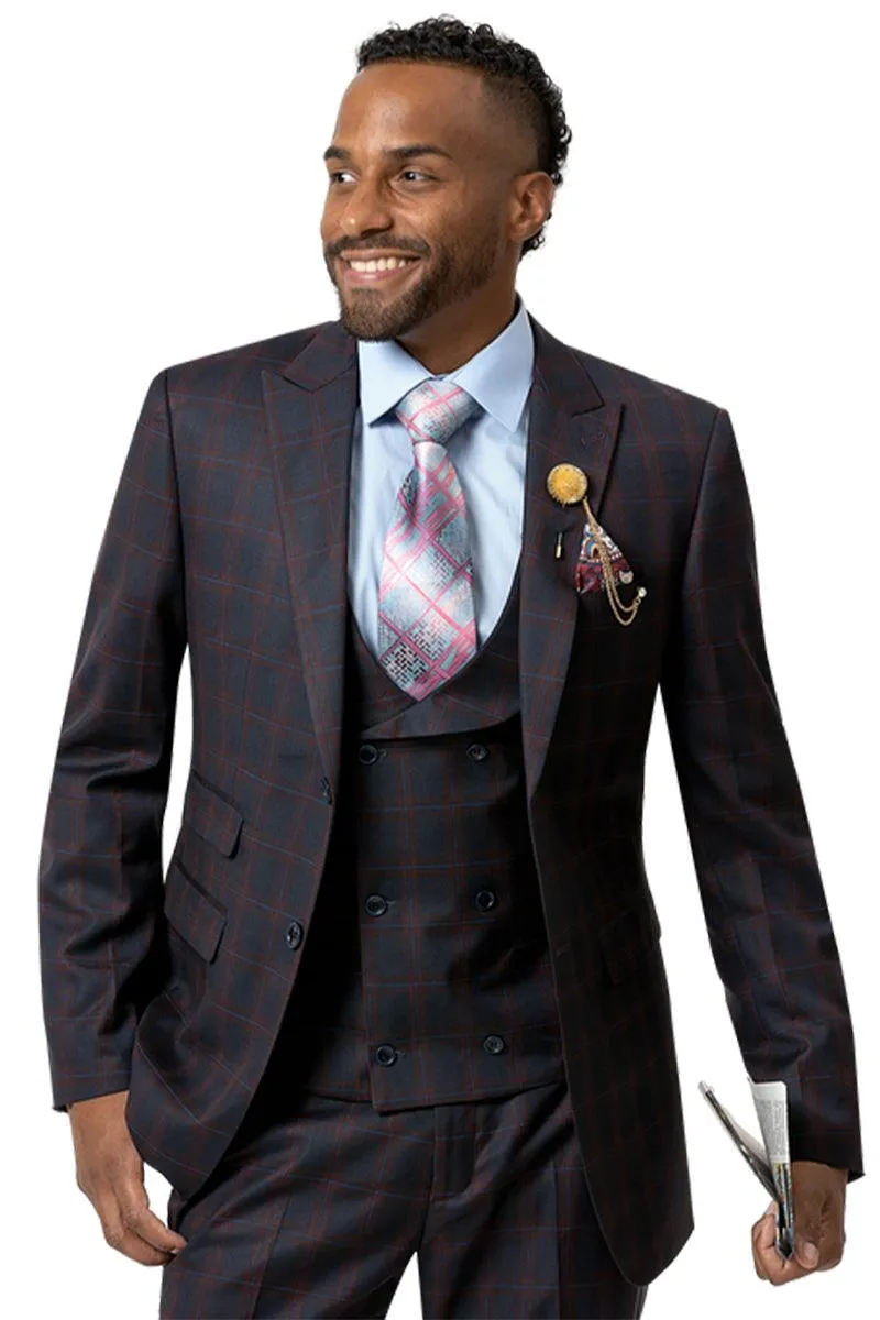 "EJ Samuel Vested Navy & Red Windowpane Plaid Mens Fashion Suit"