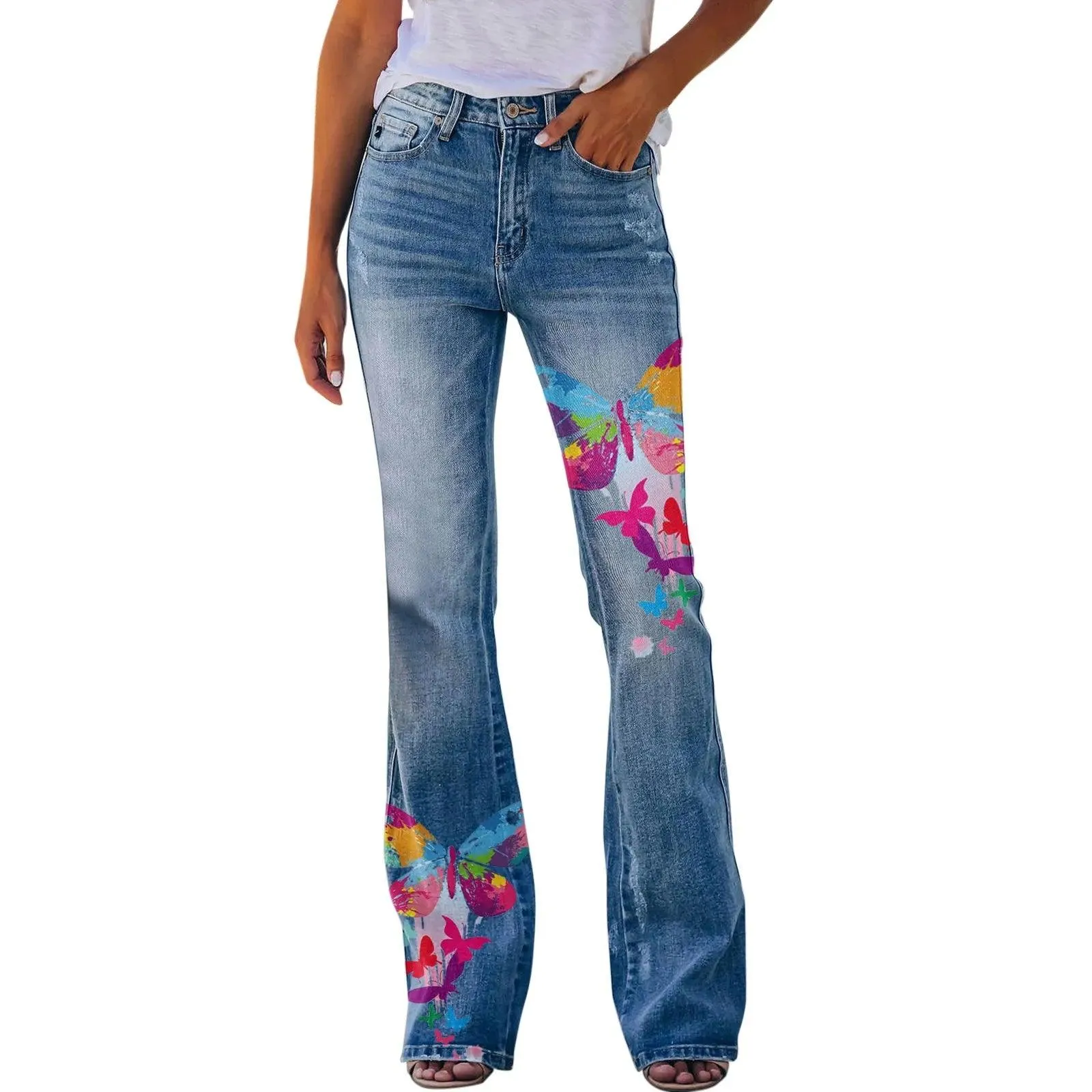 Retro Floral Printed Flared Jeans – Vintage Streetwear Bell Bottom Denim