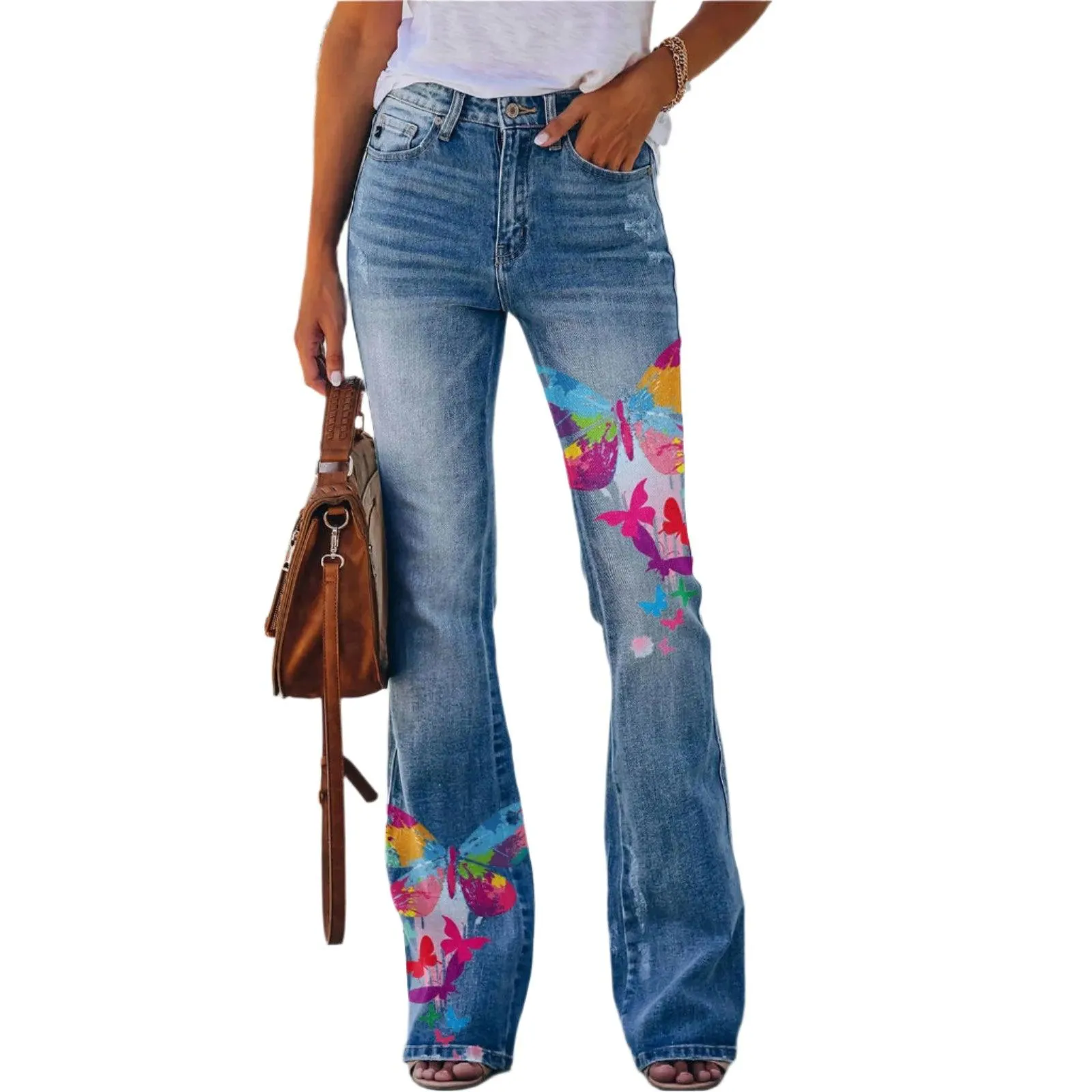 Retro Floral Printed Flared Jeans – Vintage Streetwear Bell Bottom Denim