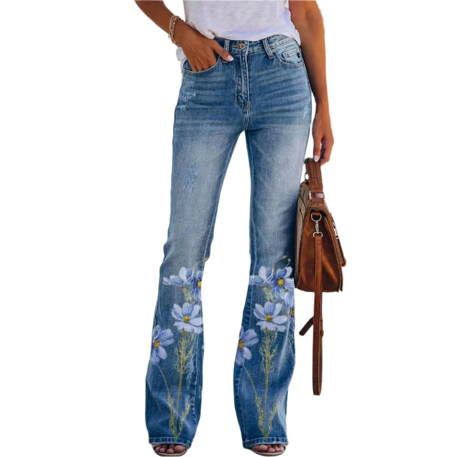 Retro Floral Printed Flared Jeans – Vintage Streetwear Bell Bottom Denim