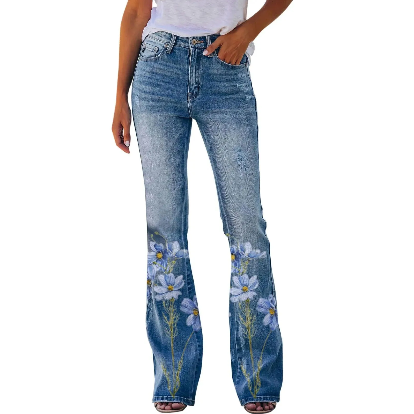 Retro Floral Printed Flared Jeans – Vintage Streetwear Bell Bottom Denim