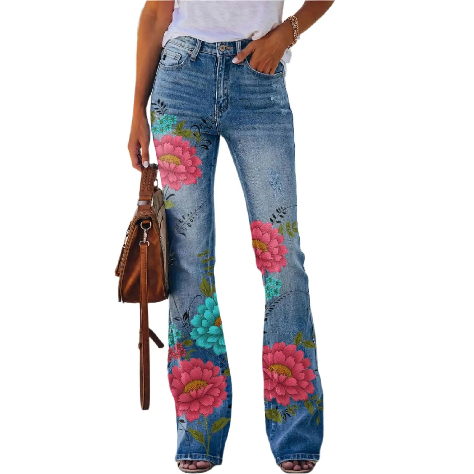 Retro Floral Printed Flared Jeans – Vintage Streetwear Bell Bottom Denim