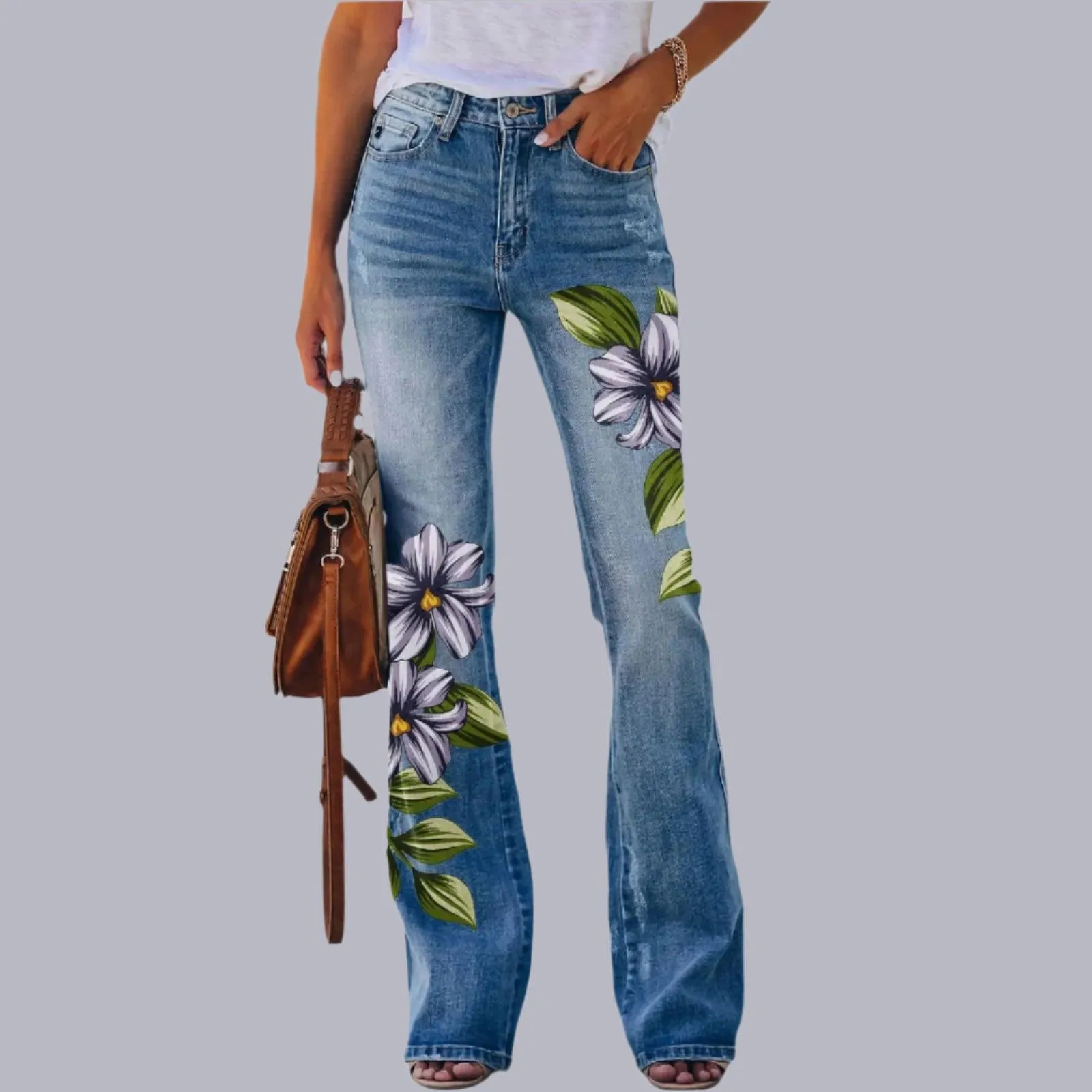 Retro Floral Printed Flared Jeans – Vintage Streetwear Bell Bottom Denim