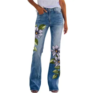 Retro Floral Printed Flared Jeans – Vintage Streetwear Bell Bottom Denim