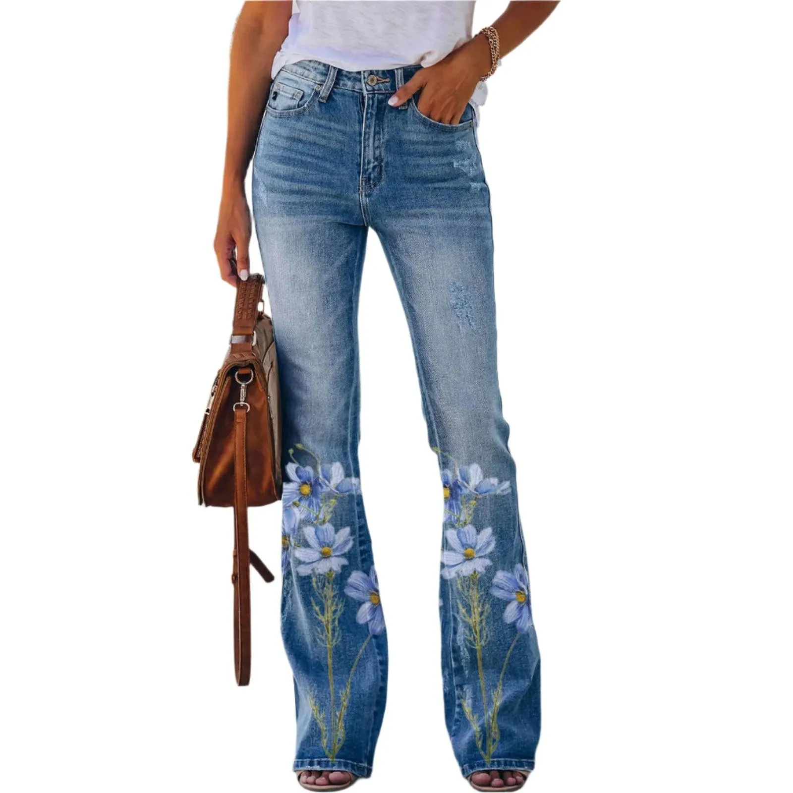 Retro Floral Printed Flared Jeans – Vintage Streetwear Bell Bottom Denim