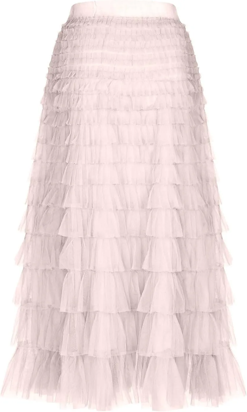 Ruffle Tiered Tulle Skirt for Women Elastic Waist Midi Mesh Skirts Elegant Party Wedding Outfits