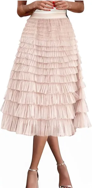 Ruffle Tiered Tulle Skirt for Women Elastic Waist Midi Mesh Skirts Elegant Party Wedding Outfits