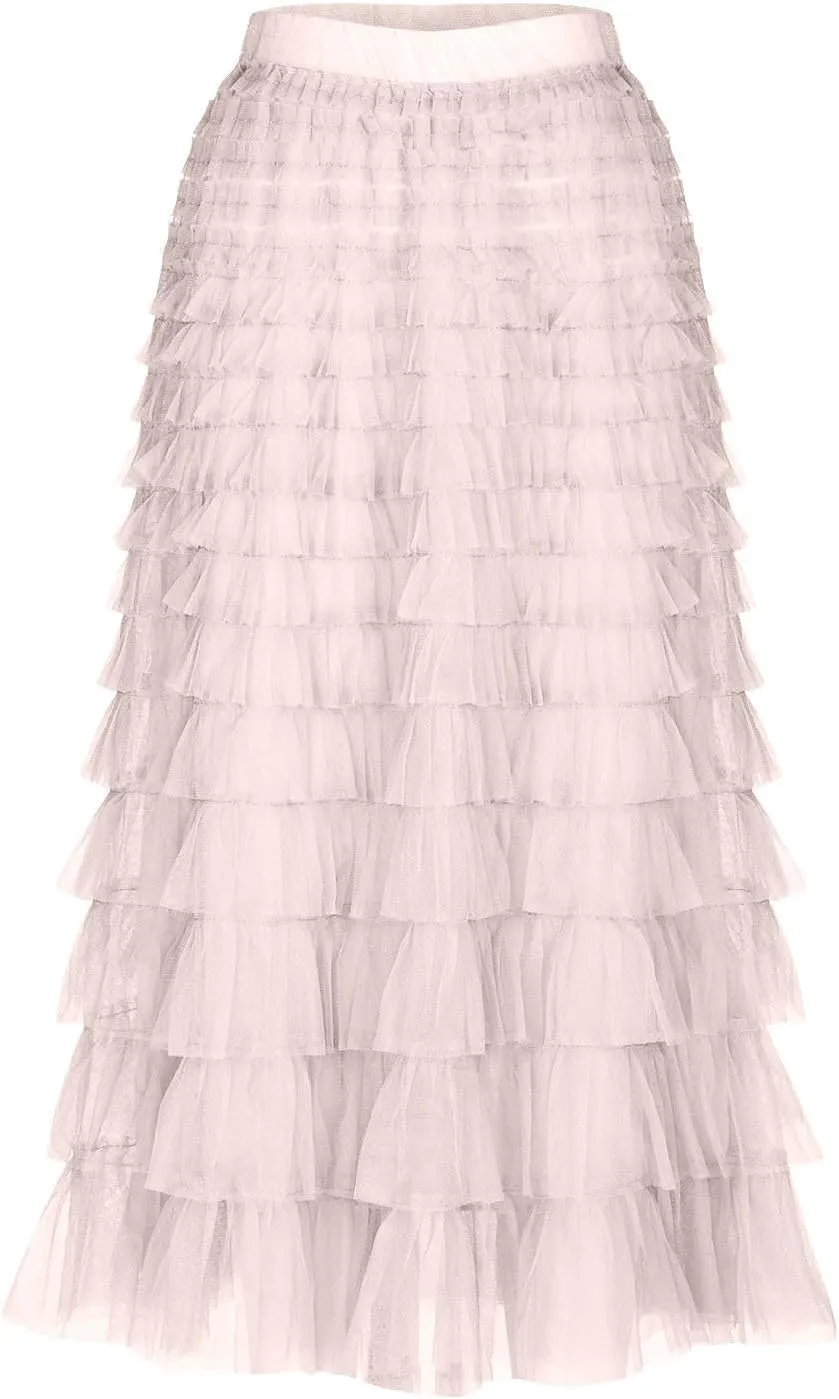 Ruffle Tiered Tulle Skirt for Women Elastic Waist Midi Mesh Skirts Elegant Party Wedding Outfits