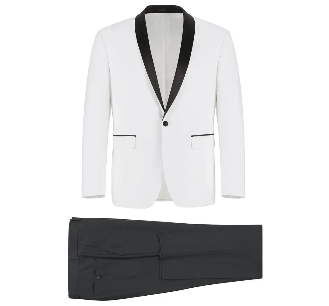 SH_201-16 White Men's Slim Fit 2-Piece Black Shawl Lapel Tuxedo