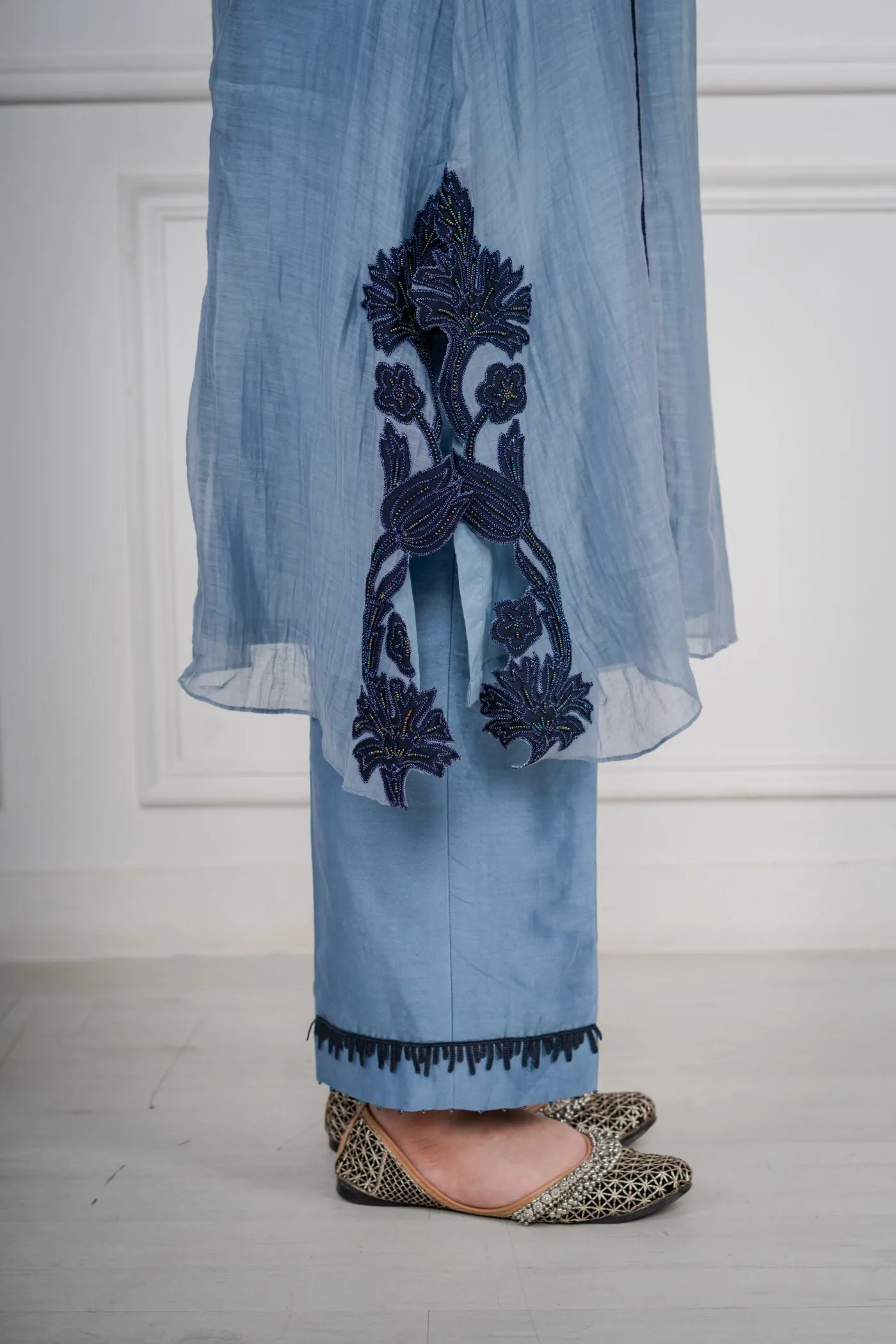 Sky Blue Mercerised Silk Chanderi Suit with Breezy Printed Organza Dupatta