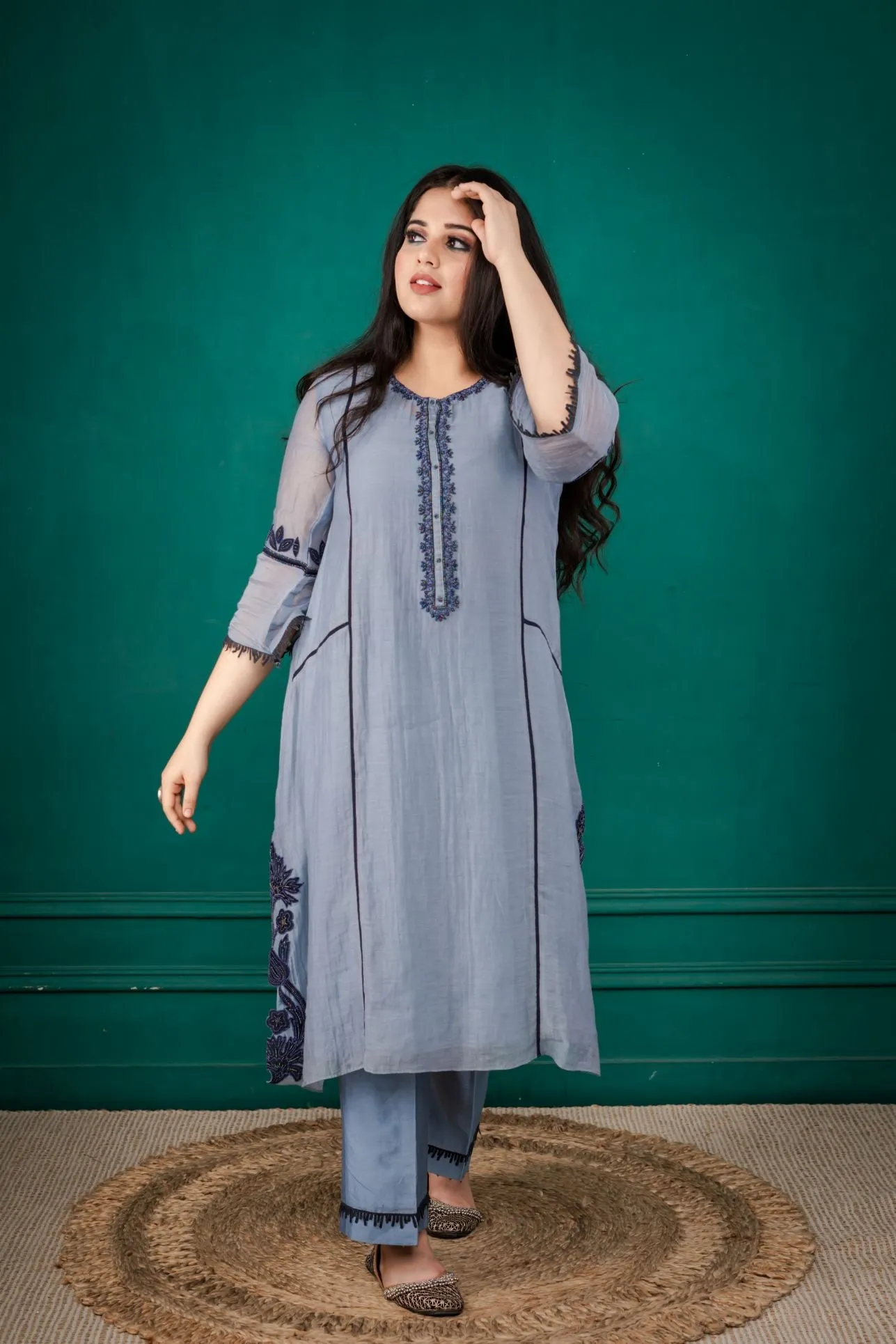 Sky Blue Mercerised Silk Chanderi Suit with Breezy Printed Organza Dupatta