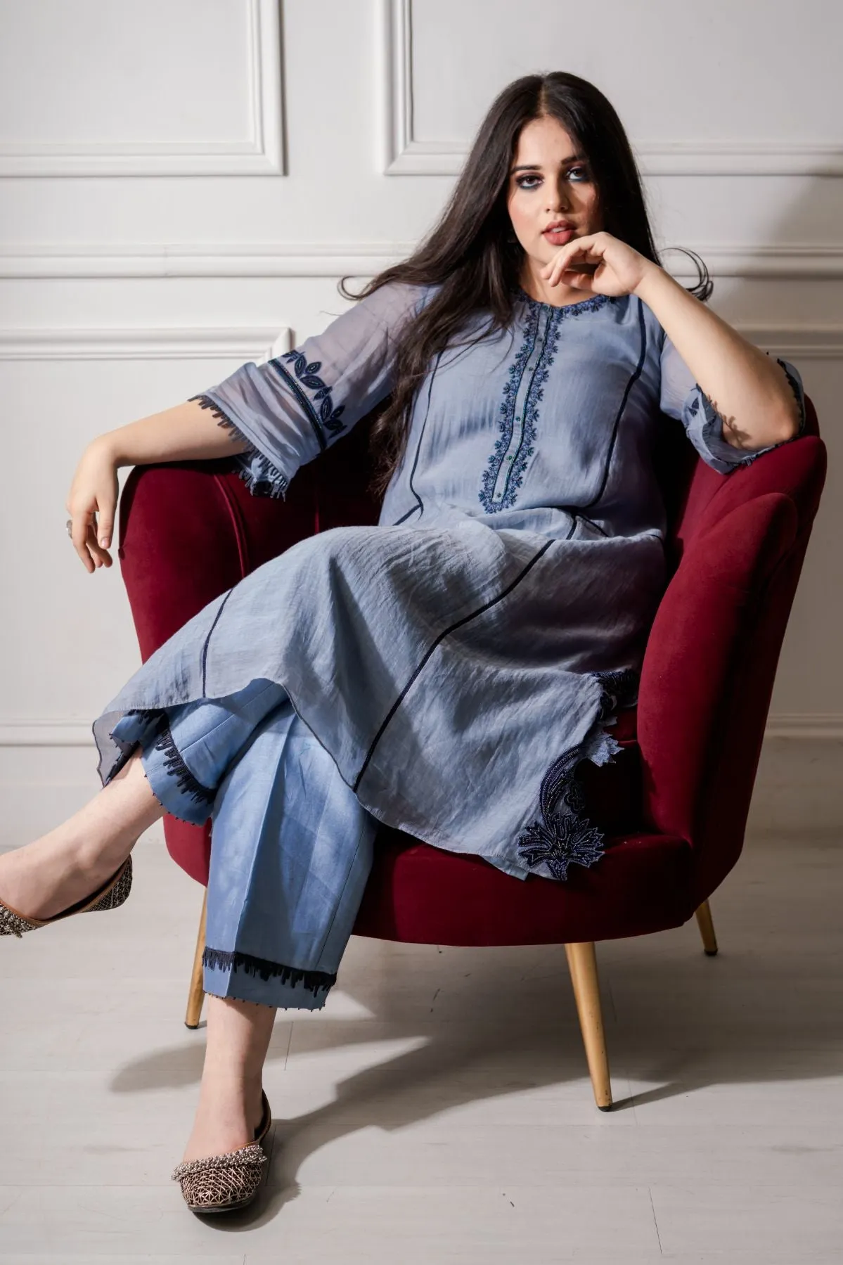 Sky Blue Mercerised Silk Chanderi Suit with Breezy Printed Organza Dupatta