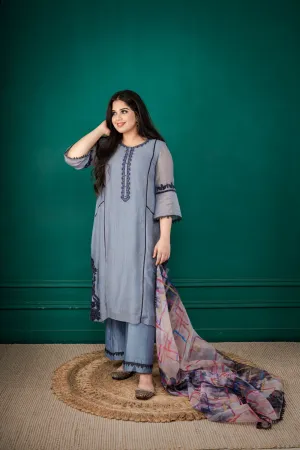 Sky Blue Mercerised Silk Chanderi Suit with Breezy Printed Organza Dupatta