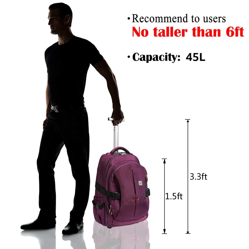 SKYMOVE 19 inches Waterproof Wheeled Rolling Backpack for Adults and School Students Laptop Books Travel Backpack Bag, Purple