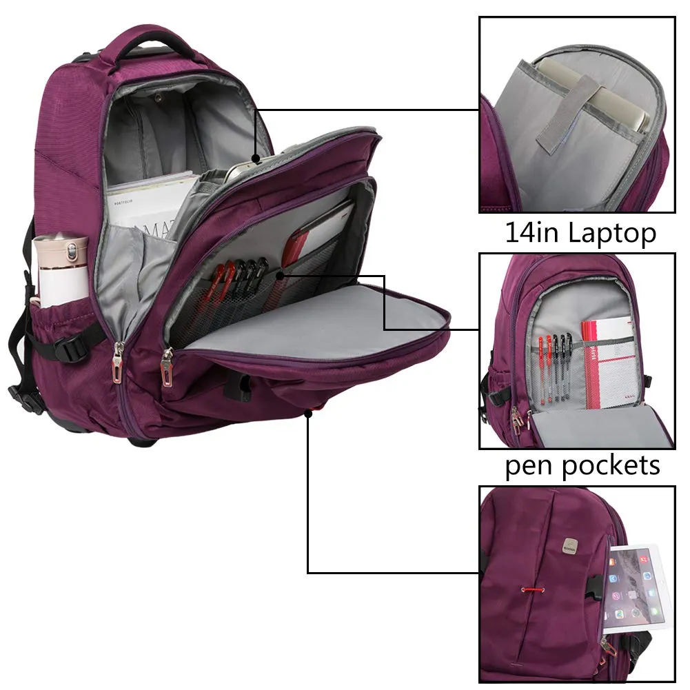 SKYMOVE 19 inches Waterproof Wheeled Rolling Backpack for Adults and School Students Laptop Books Travel Backpack Bag, Purple