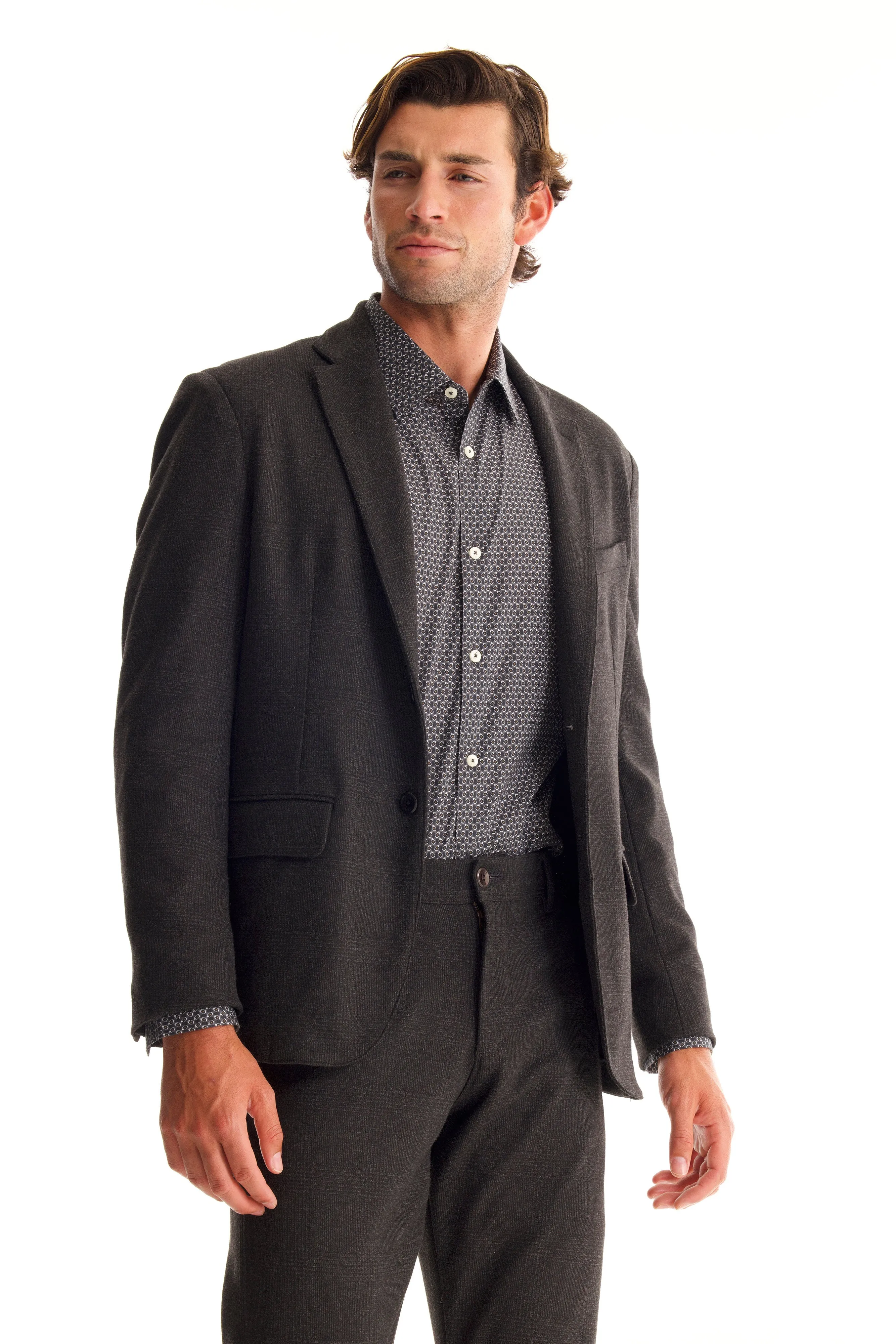 Soft Cloth Studio Suit Jacket in Fancy Jersey - Charcoal Glencheck