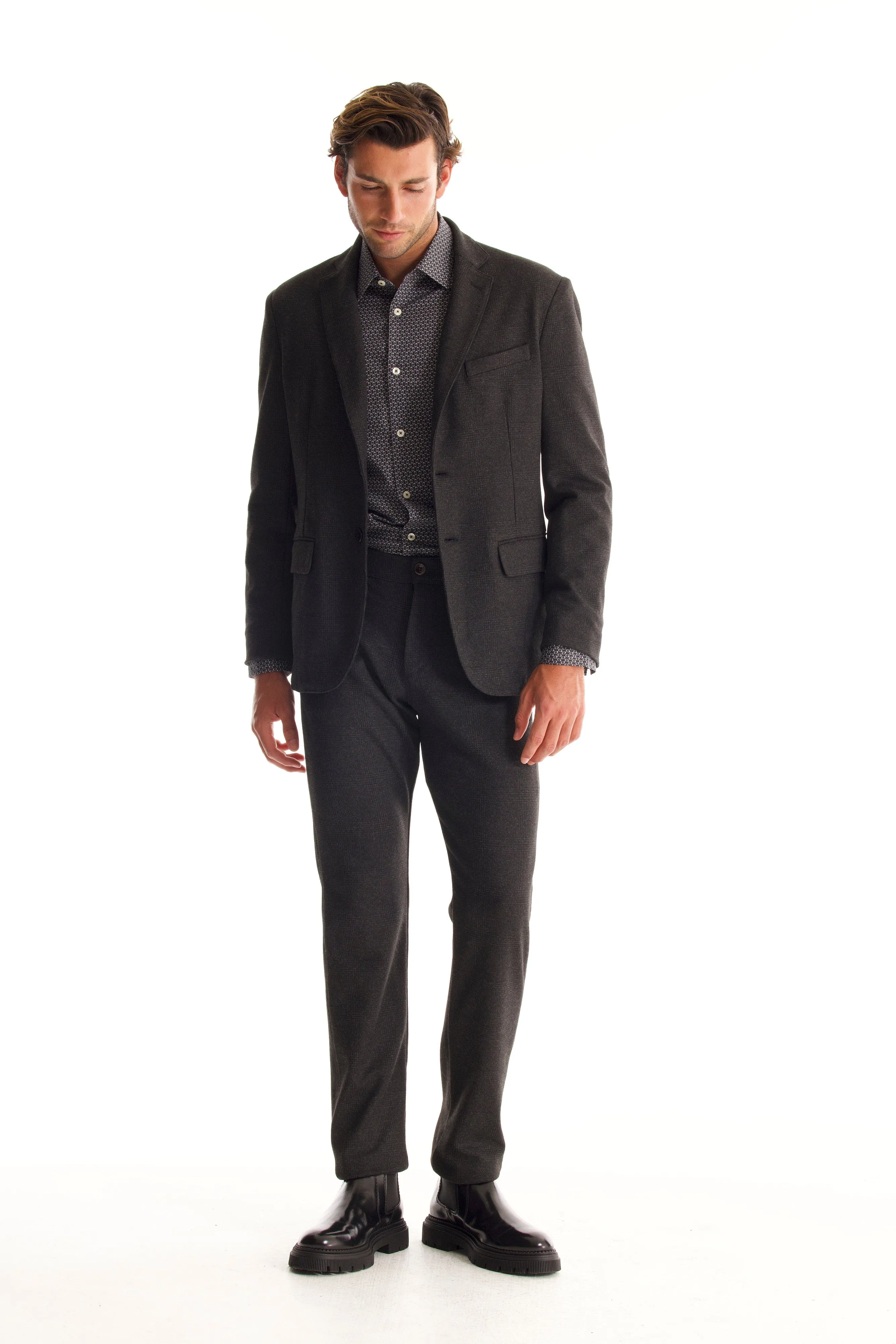 Soft Cloth Studio Suit Jacket in Fancy Jersey - Charcoal Glencheck