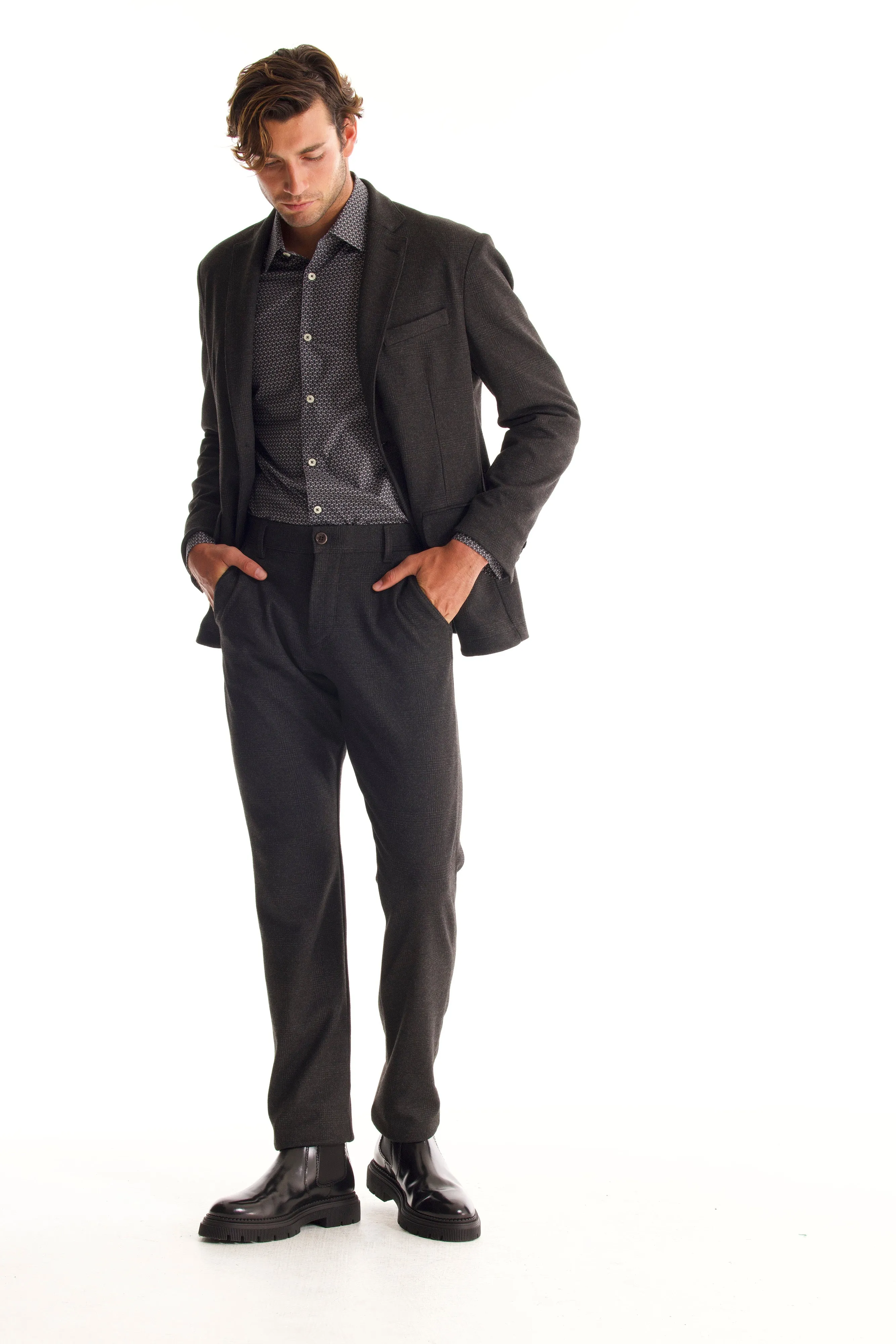 Soft Cloth Studio Suit Jacket in Fancy Jersey - Charcoal Glencheck