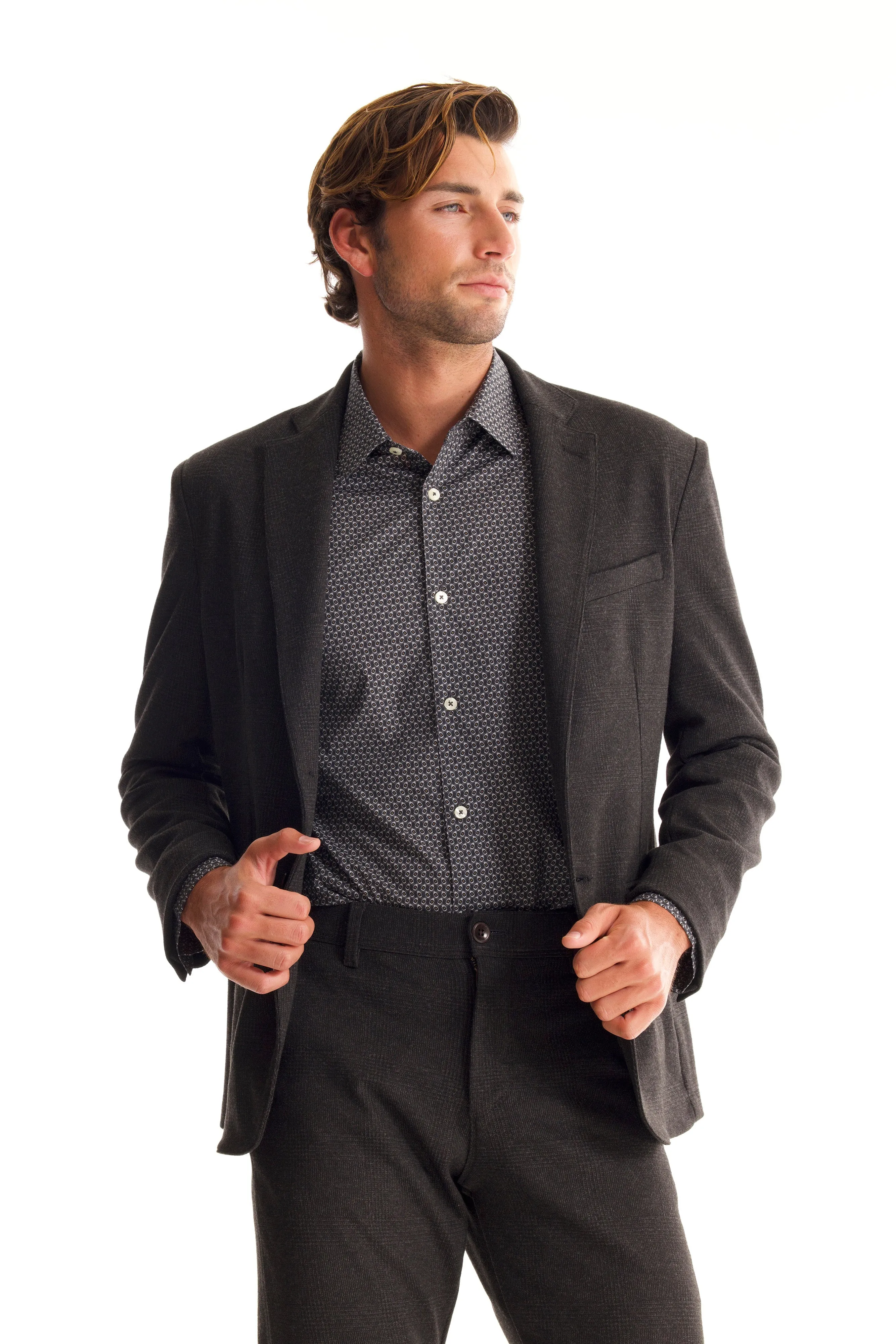 Soft Cloth Studio Suit Jacket in Fancy Jersey - Charcoal Glencheck