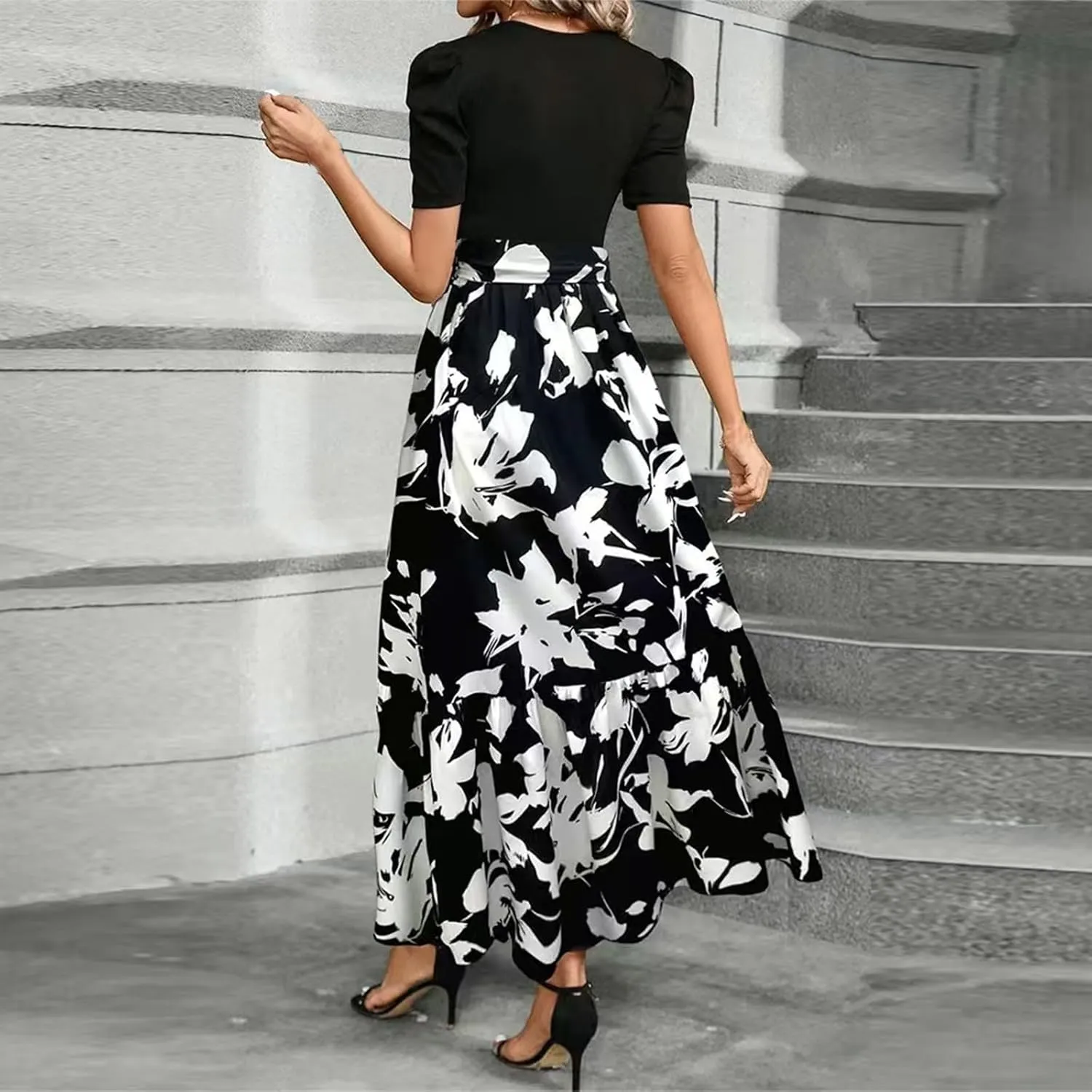 Summer Dresses for Women 2025 Maxi Puff Short Sleeve Casual Floral Dress with Belt Color Block Elegant Dresses
