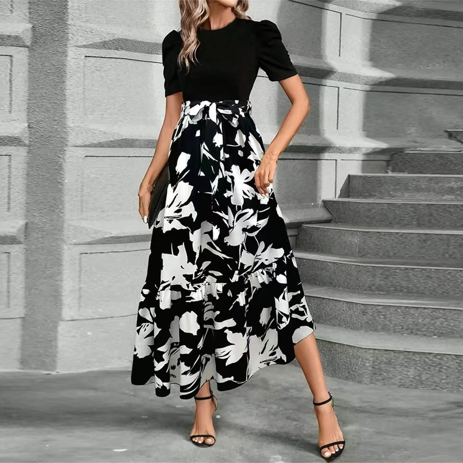 Summer Dresses for Women 2025 Maxi Puff Short Sleeve Casual Floral Dress with Belt Color Block Elegant Dresses
