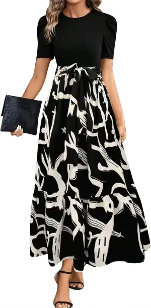 Summer Dresses for Women 2025 Maxi Puff Short Sleeve Casual Floral Dress with Belt Color Block Elegant Dresses