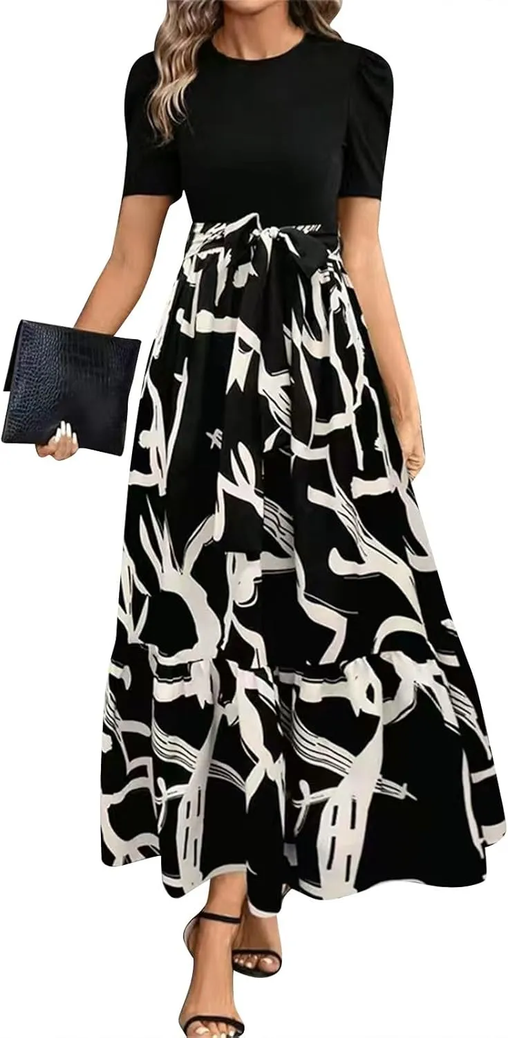 Summer Dresses for Women 2025 Maxi Puff Short Sleeve Casual Floral Dress with Belt Color Block Elegant Dresses