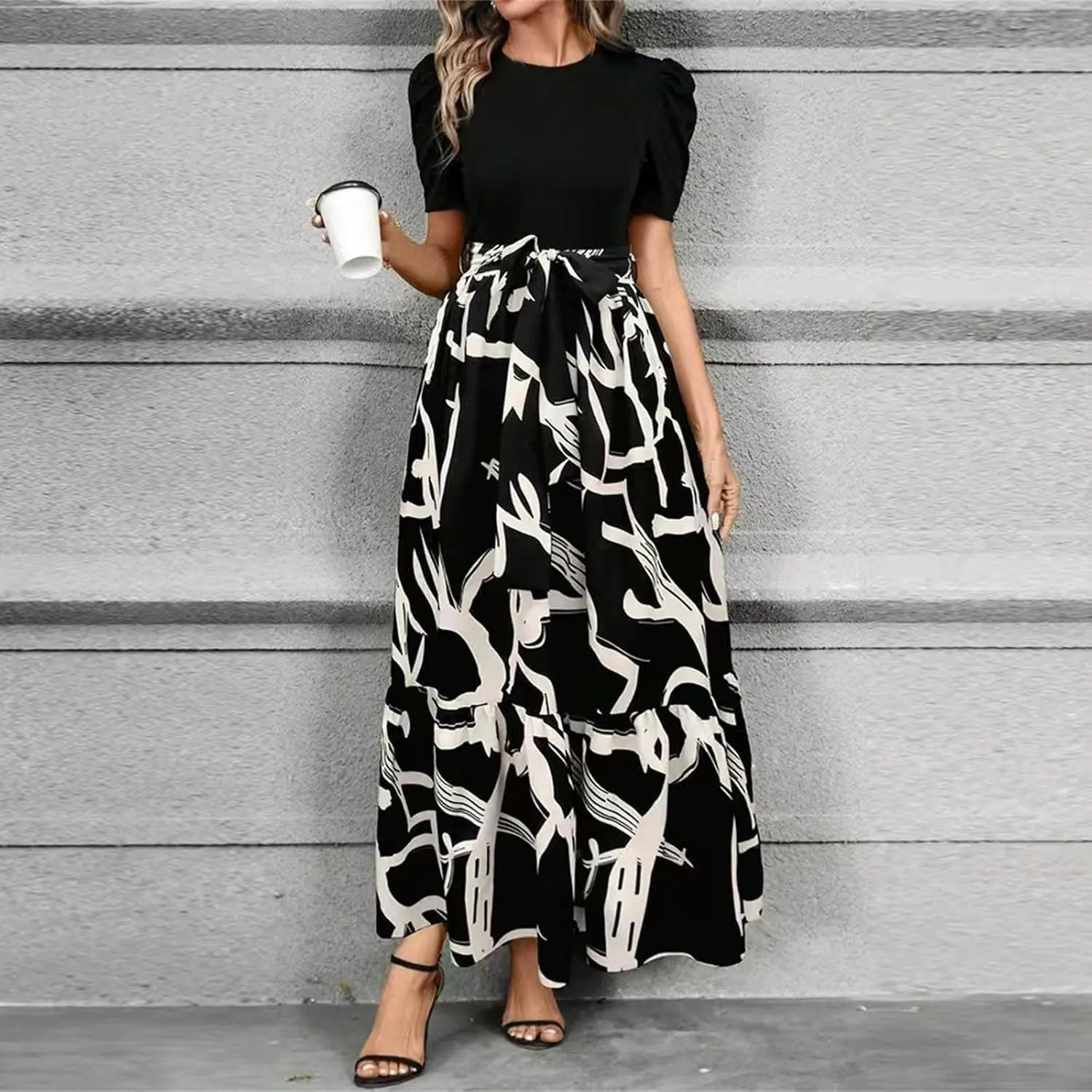 Summer Dresses for Women 2025 Maxi Puff Short Sleeve Casual Floral Dress with Belt Color Block Elegant Dresses