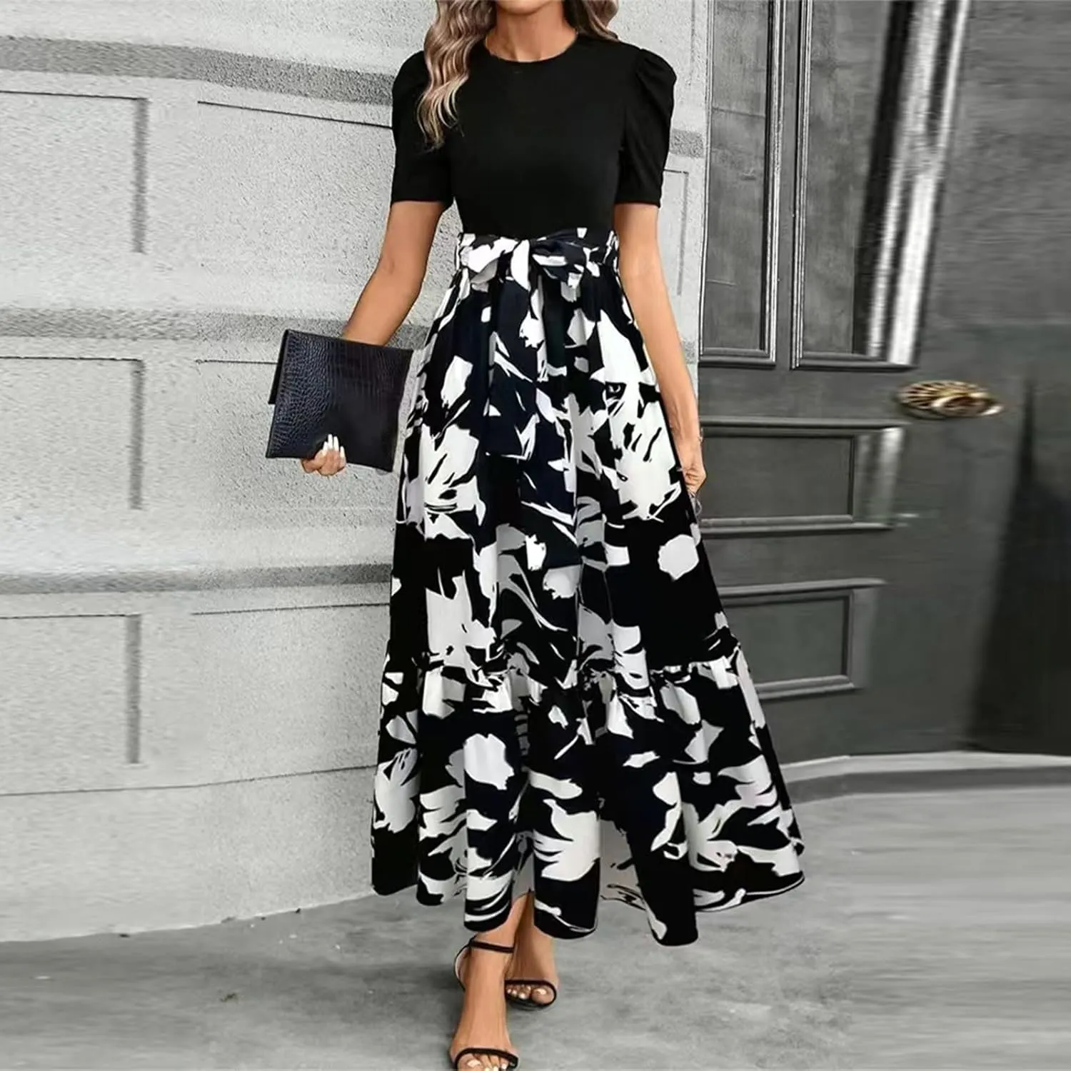Summer Dresses for Women 2025 Maxi Puff Short Sleeve Casual Floral Dress with Belt Color Block Elegant Dresses
