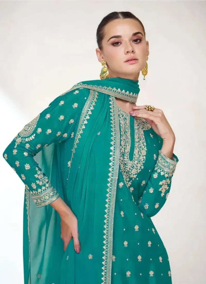 Trendy Green  Embroidered chinon palazzo suit
