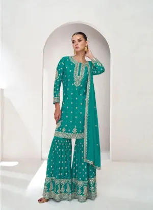 Trendy Green  Embroidered chinon palazzo suit