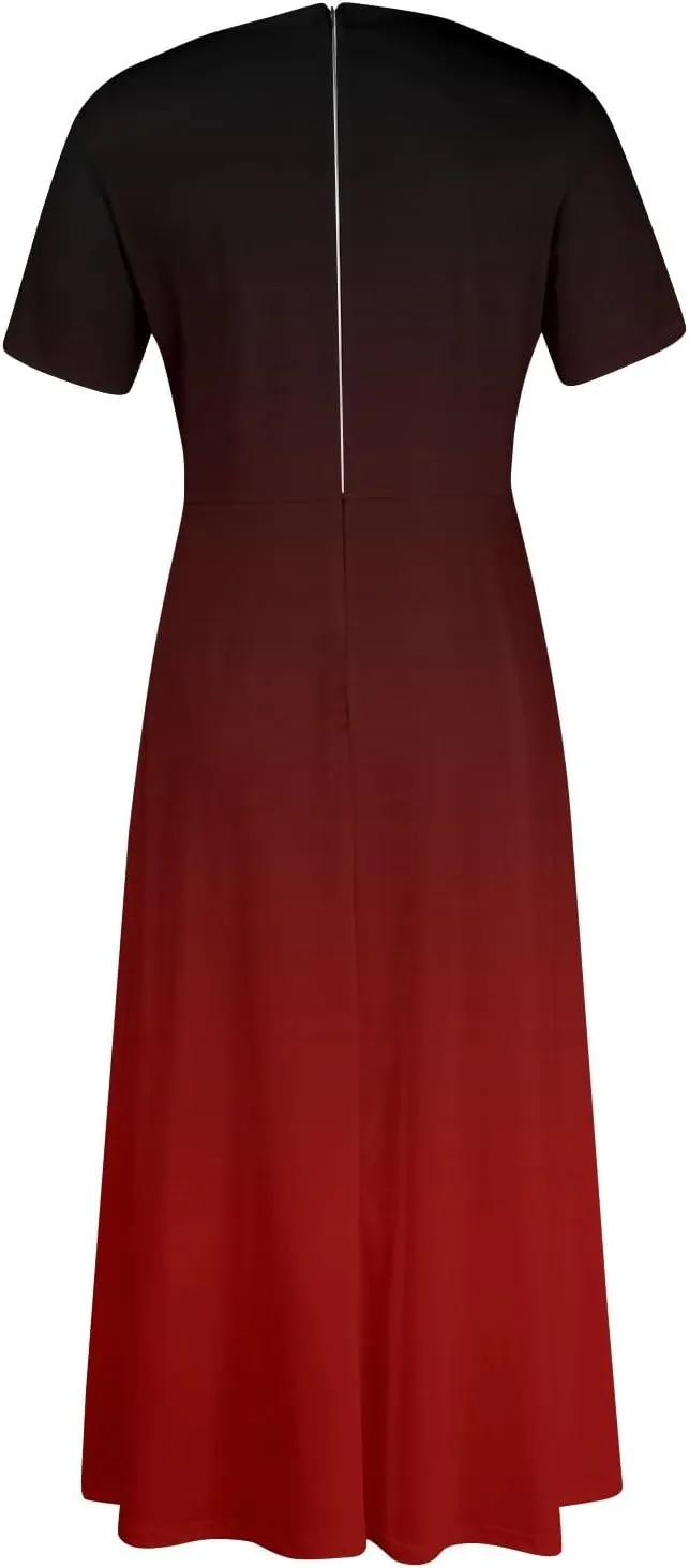 Trendy Short Sleeve Maxi Dresses Casual Plus Size Crewneck Long Sundress Elegant Formal A Line Smocked Flowy Party Dress