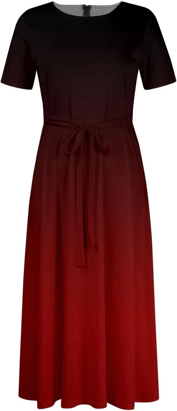 Trendy Short Sleeve Maxi Dresses Casual Plus Size Crewneck Long Sundress Elegant Formal A Line Smocked Flowy Party Dress