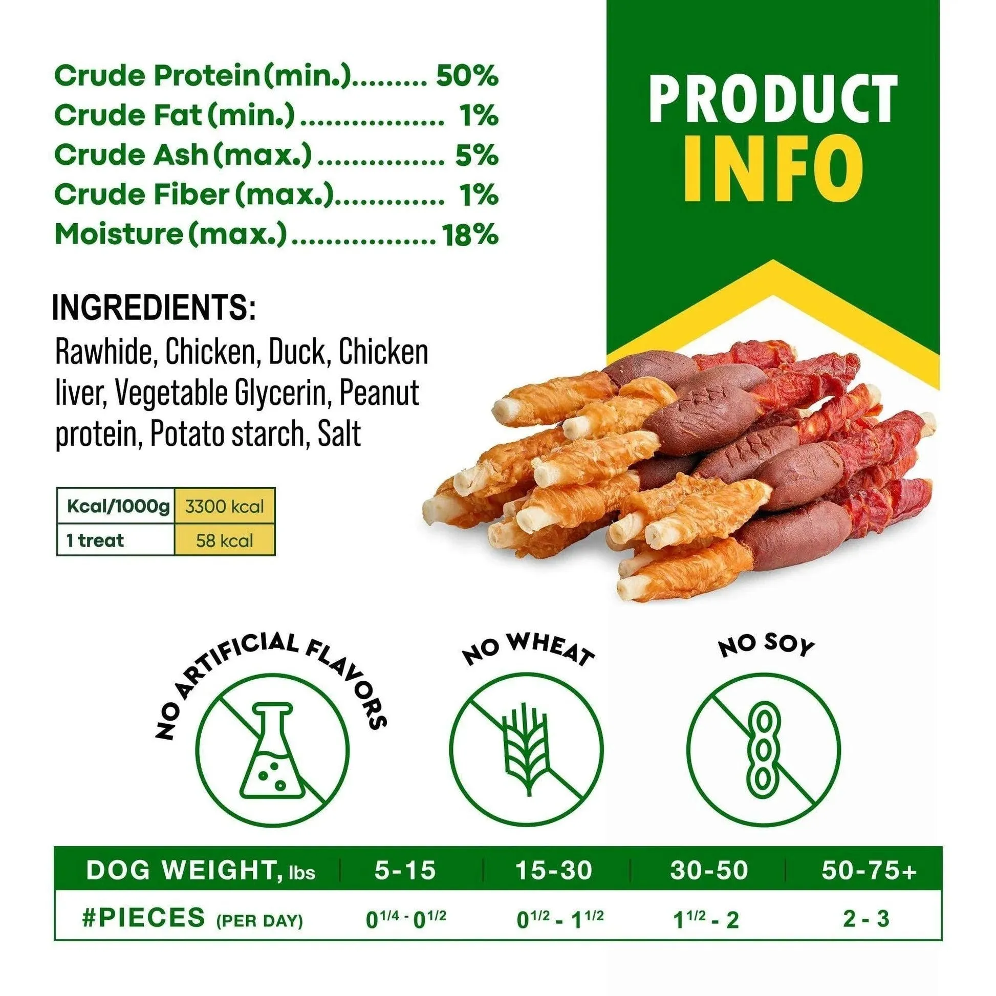 Triple Flavor Dog Rawhide Treats Duck & Chicken Human Grade Meat Natural