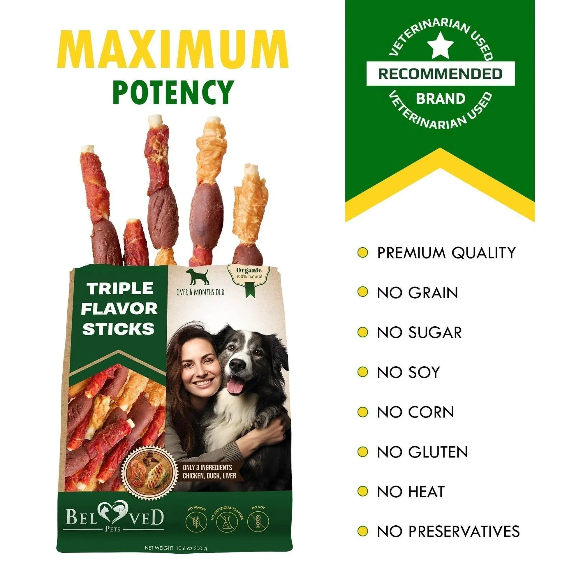 Triple Flavor Dog Rawhide Treats Duck & Chicken Human Grade Meat Natural